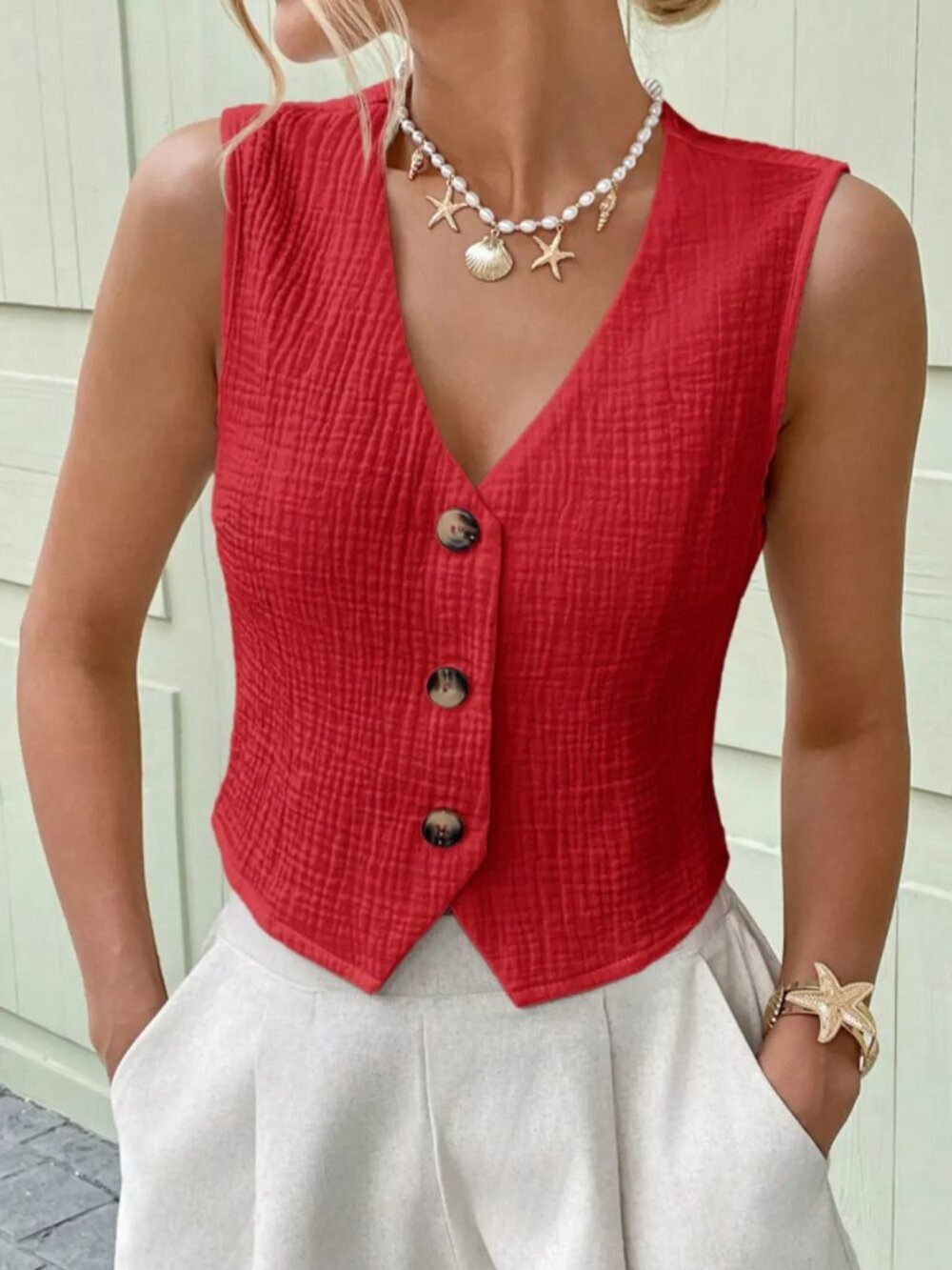 Textured Button-Front Vest - Picture 11 of 14